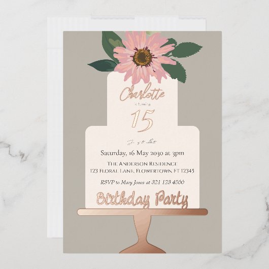 ピンクフローラケーキ誕生日パーティーバラ金ゴールド 箔招待状 (封筒)