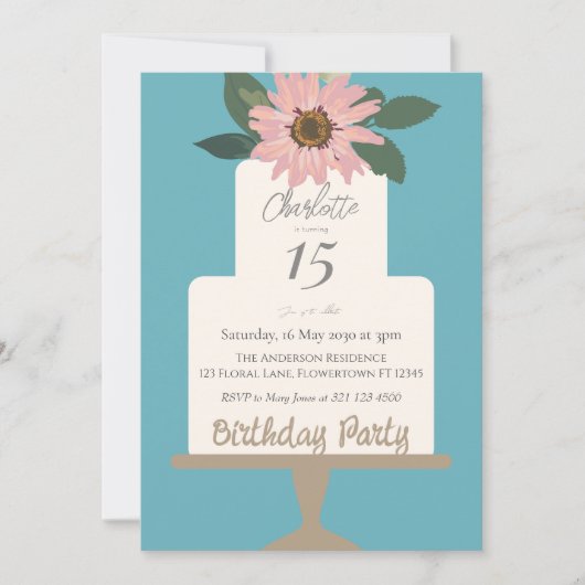 ピンクフローラケーキ誕生日パーティー 招待状 (正面)