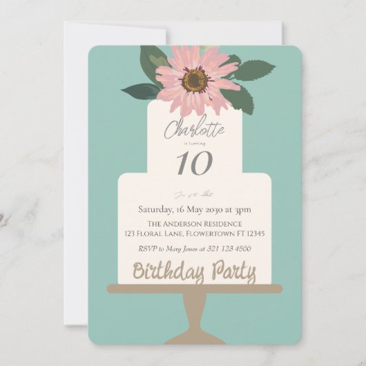 ピンクフローラケーキ誕生日パーティー 招待状 (正面)