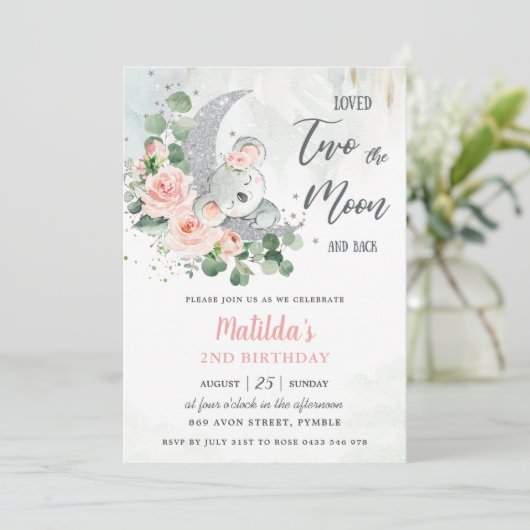 ピンクフローラコアラベア2nd誕生日クレセントムーン 招待状 (スタンド正面)