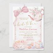 ピンクフローラコケットパールブライダルシャワーティーパーティー 招待状 (正面)