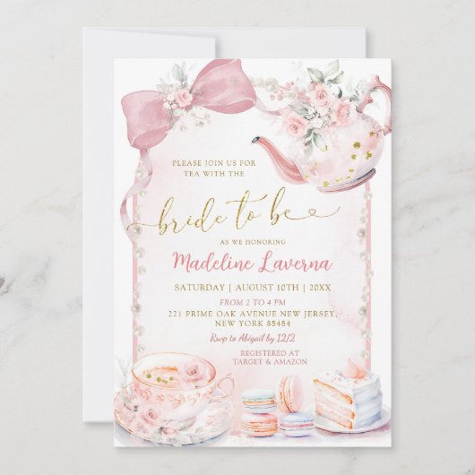 ピンクフローラコケットパールブライダルシャワーティーパーティー 招待状 (正面)