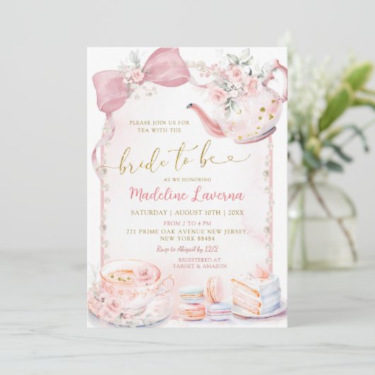 ピンクフローラコケットパールブライダルシャワーティーパーティー 招待状 (スタンド正面)