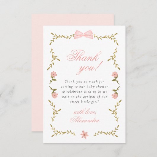 ピンクフローラコケットベビーシャワーサンキューカード サンキューカード (正面/裏面)