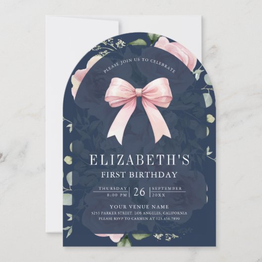 ピンクフローラコケットボウネイビーブルーファースト誕生日 招待状 (正面)