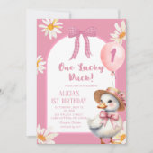 ピンクフローラコケットワンラッキーダック誕生日 招待状 (正面)