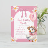 ピンクフローラコケットワンラッキーダック誕生日 招待状 (スタンド正面)
