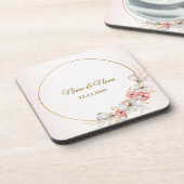 ピンクフローラゴールデンピーチモダンウエディングパーティー コースター (左側)