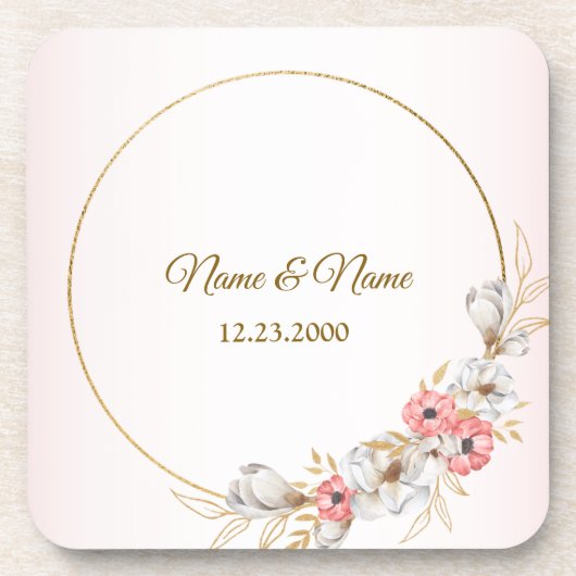 ピンクフローラゴールデンピーチモダンウエディングパーティー コースター (正面)