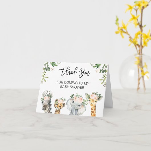 ピンクフローラサファリのベビーシャワー折り畳みありがとう  カード (黄色い花)