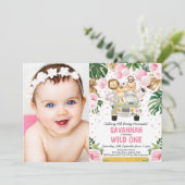 ピンクフローラサファリアニマルズワイルドワンガール誕生日 招待状 (スタンド正面)
