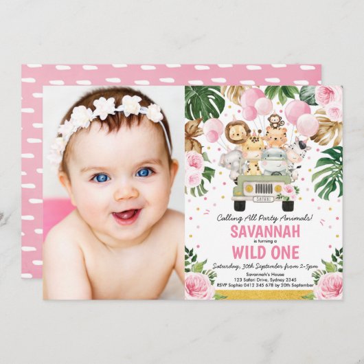 ピンクフローラサファリアニマルズワイルドワンガール誕生日 招待状 (正面/裏面)