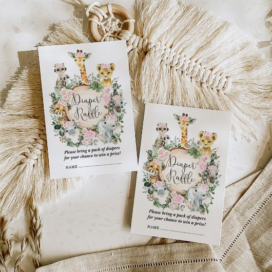 ピンクフローラサファリジャングルベビーガールオムツラッフル エンクロージャーカード