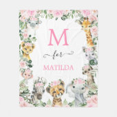 ピンクフローラサファリワイルドアニマルズベビーガール子供部屋 フリースブランケット (正面)