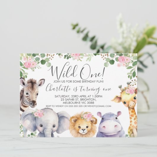 ピンクフローラサファリワイルドワン誕生日 招待状 (スタンド正面)