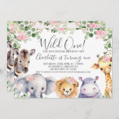 ピンクフローラサファリワイルドワン誕生日 招待状 (正面/裏面)