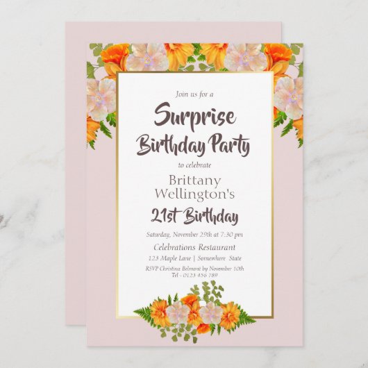 ピンクフローラサプライズ21歳の誕生日パーティー 招待状 (正面/裏面)