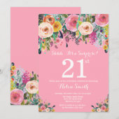 ピンクフローラサプライズ21歳誕生日招待状 招待状 (正面/裏面)