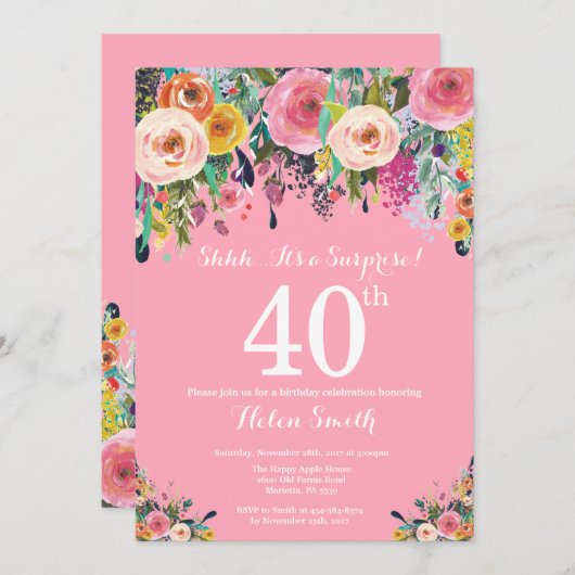 ピンクフローラサプライズ40th誕生日招待状 招待状 (正面/裏面)