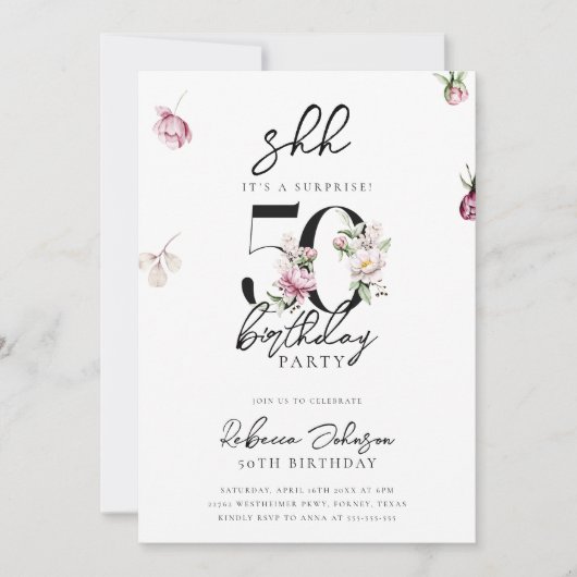 ピンクフローラサプライズ50thバースデーパーティー 招待状 (正面)