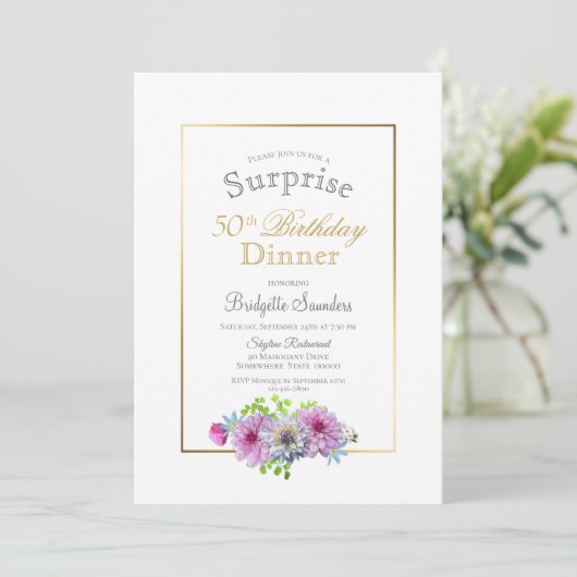 ピンクフローラサプライズ50th誕生日ディナー 招待状 (スタンド正面)