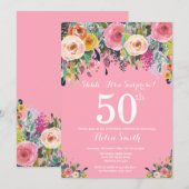 ピンクフローラサプライズ50th誕生日招待状 招待状 (正面/裏面)
