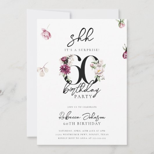 ピンクフローラサプライズ60thバースデーパーティー 招待状 (正面)