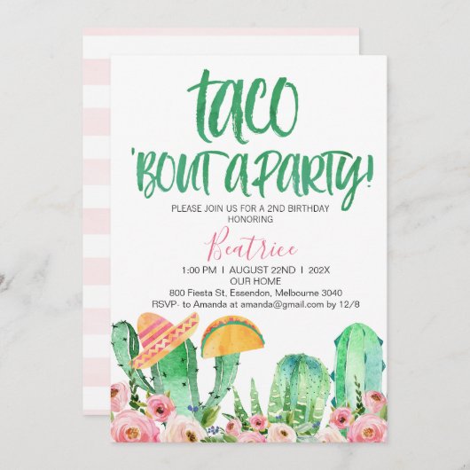 ピンクフローラサボタコAパーティー誕生日 招待状 (正面/裏面)