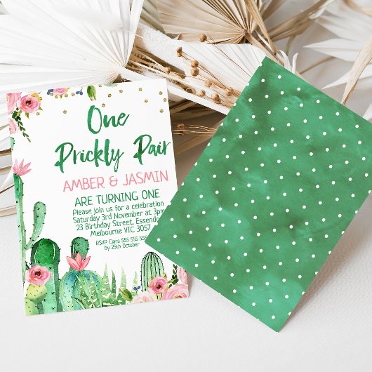 ピンクフローラサボテンのワンプリックリーペア誕生日 招待状