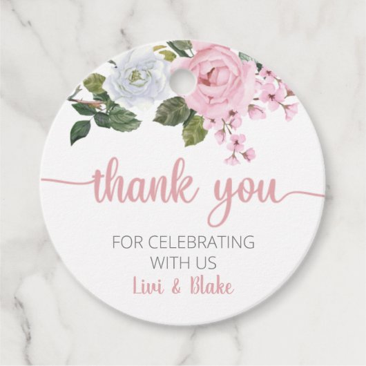 ピンクフローラサンキュー結婚式の引き出物ラベル フェイバータグ (正面)