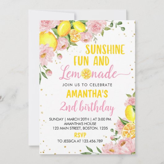 ピンクフローラサンシャインレモネード誕生日招待状 招待状 (正面)