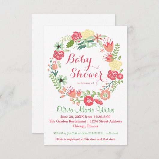 ピンクフローラサークルリース- 3x5ベビーシャワー招待状 招待状 (正面/裏面)