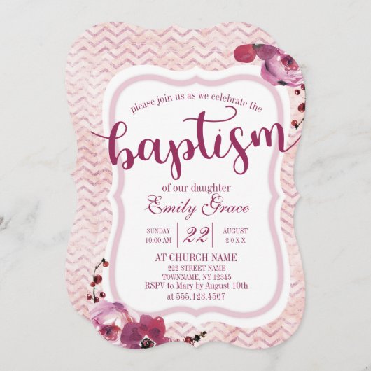 ピンクフローラシェブロンベビーガールバプテスマ招待状 招待状 (正面/裏面)