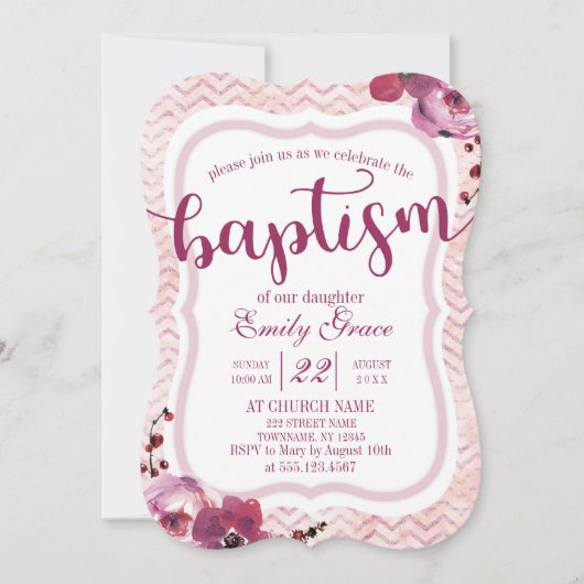 ピンクフローラシェブロンベビーガールバプテスマ招待状 招待状 (正面)