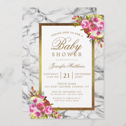 ピンクフローラシック金ゴールドブラック大理石ベビーシャワー 招待状 (正面/裏面)