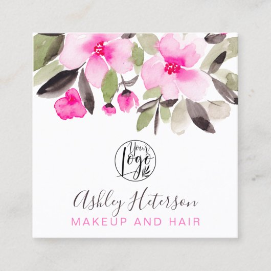 ピンクフローラシックqrコードロゴヘアメイクアップ スクエア名刺 (正面)