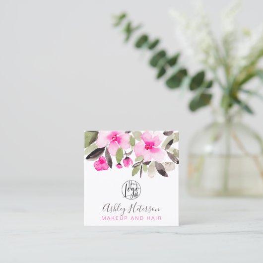 ピンクフローラシックqrコードロゴヘアメイクアップ スクエア名刺 (スタンド正面)