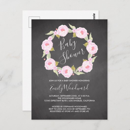 ピンクフローラシャルボードガールベビーシャワー招待状 ポストカード (正面/裏面)
