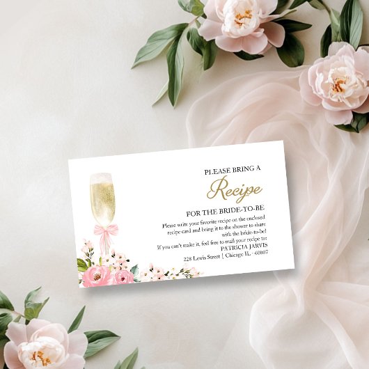 ピンクフローラシャンパンブライダルシャワーレシピ要求 エンクロージャーカード