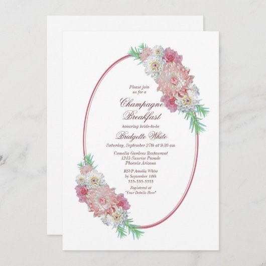 ピンクフローラシャンパンブレックファーストブライダルシャワー 招待状 (正面/裏面)