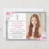 ピンクフローラシルバーガールファースト聖体拝領の写真 招待状 (正面)
