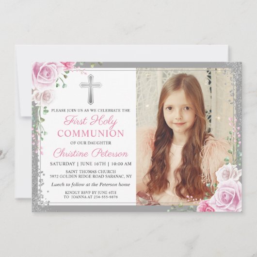 ピンクフローラシルバーガールファースト聖体拝領の写真 招待状 (正面)