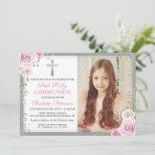 ピンクフローラシルバーガールファースト聖体拝領の写真 招待状 (スタンド正面)