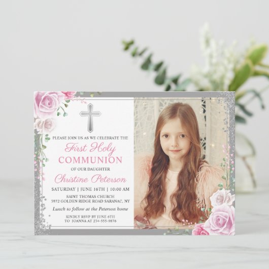 ピンクフローラシルバーガールファースト聖体拝領の写真 招待状 (スタンド正面)