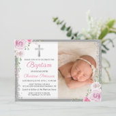 ピンクフローラシルバーグリッターガールバプテスマ写真 招待状 (スタンド正面)
