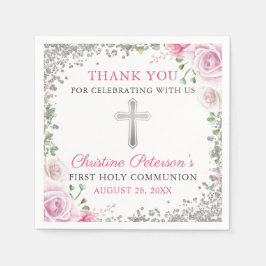 ピンクフローラシルバーグリッターファーストホーリーコミュニオン スタンダードカクテルナプキン