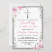 ピンクフローラシルバーグリッターファーストホーリーコミュニオン 招待状 (正面)