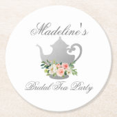 ピンクフローラシルバーブライダルシャワーティーパーティー ラウンドペーパーコースター (正面)