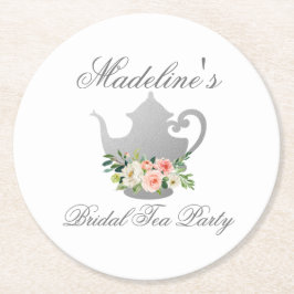 ピンクフローラシルバーブライダルシャワーティーパーティー ラウンドペーパーコースター