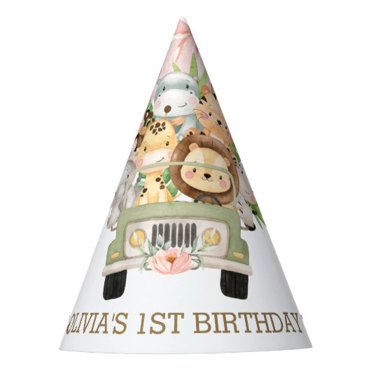 ピンクフローラジャングルアニマルズサファリカー誕生日  パーティーハット (正面)